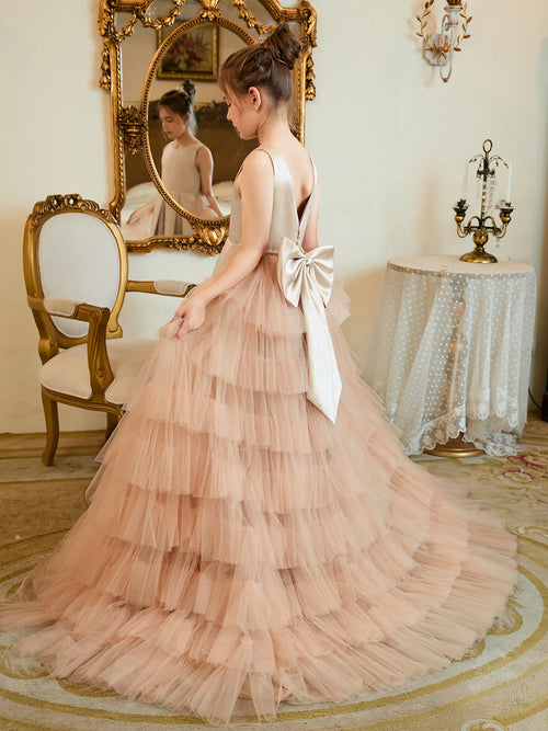 Vestido champán de tul satinado con cola larga y corte en A (010225319)