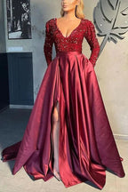 Gorgeous Long Sleeves V-Neck Sequins Satin Prom Dress