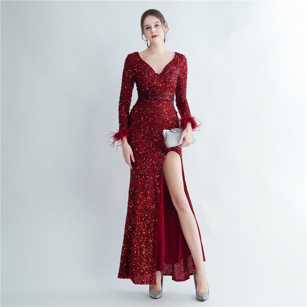Ostrich Feather Cuff Sequined Fishtail Evening Dress with Side Slit