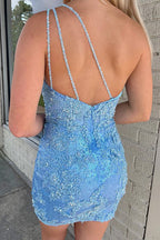 Schicke blaue One-Shoulder Pailletten kurze Homecoming Kleider 
