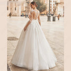 Scoop-Neck Wedding Dress Illusion Back Bridal Gown A-line Tulle Bride Party 3/4 Sleeve Lace Applique Vestido De Noiva-payinti