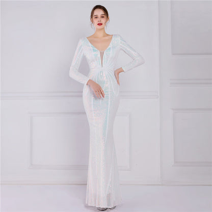 Positioning Floral Sequin Evening Dress Women Banquet Elegant Long Sleeve Sequined Queen Fishtail Dress