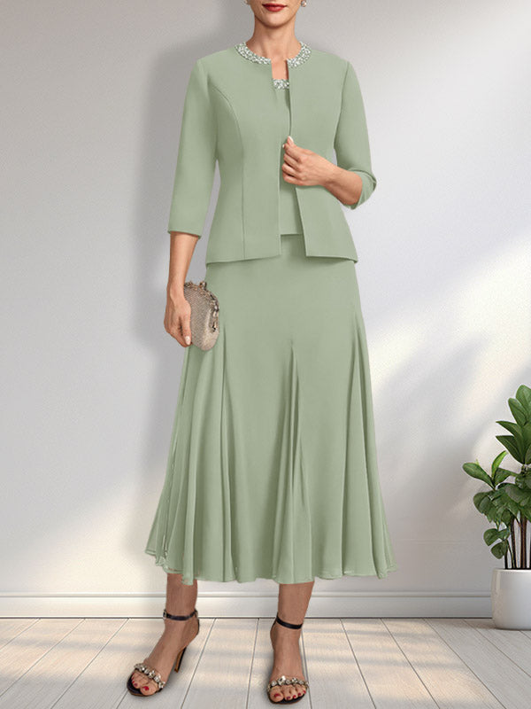 Vestido de gasa para madre de la novia con escote en A, largo hasta la rodilla, con lentejuelas y abalorios.