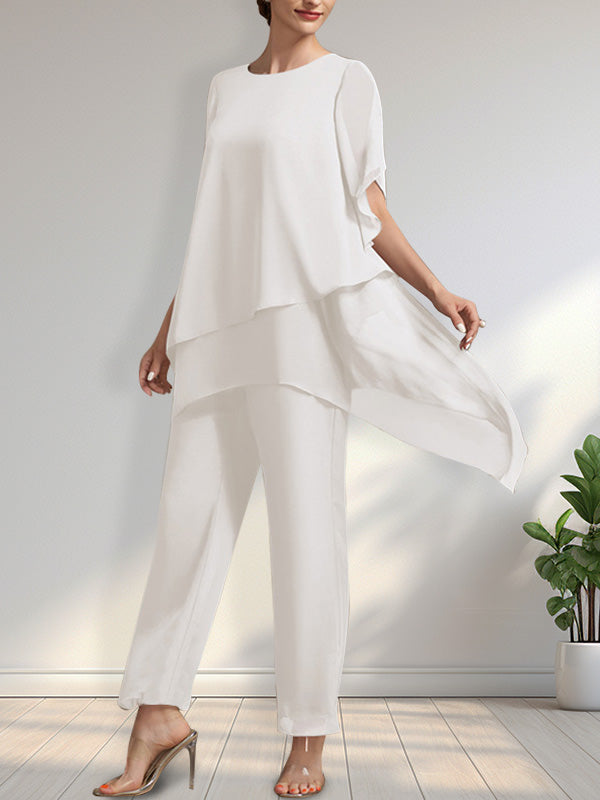 Vestido de gasa para madre de la novia, con escote redondo y largo hasta los tobillos, de mono/pantalón separado