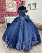 Vestido de quinceañera azul marino con encaje de tul y hombros descubiertos, vestido de fiesta azul marino para quinceañeras Y2985