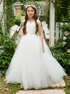 Klassisches weißes ärmelloses A-Linien-Blumenmädchenkleid aus Satin und Tüll 
