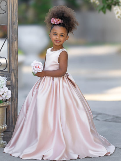 Sleeveless Satin Beaded Neckline and Bow Detail Dress