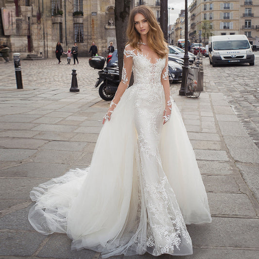 Luxury Wedding Dress 2023 Detachable 2 In 1 Mermaid Embroidered Lace On Net With O-neck Full Sleeve Back Button Vestido De Novia-payinti