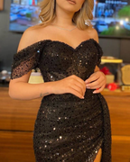 Vestido de noche brillante, talla grande, con cola de corte, hombros descubiertos, lentejuelas y abertura fruncida con purpurina Y5997