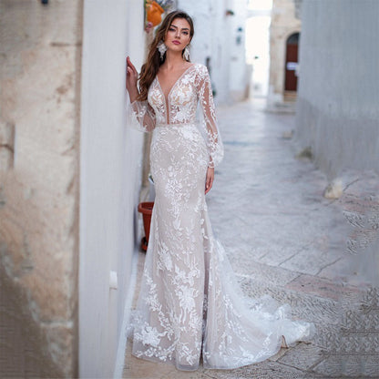 Luxury Backless Tulle Mermaid Wedding Dresses 2022 Long Sleeve Lace Appliques V-neck White Bridal Gown vestidos de novia-payinti