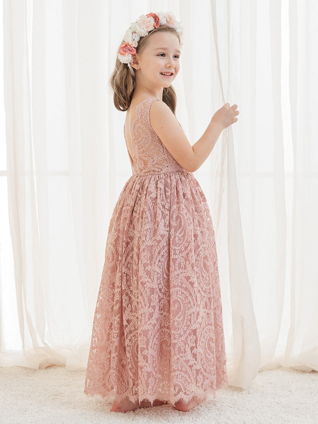 A-Linien-Spitze Knöchellanges Elfenbein Boho Blumenmädchenkleid 