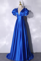 Vestido de fiesta largo de satén azul, vestido de noche sencillo Y241