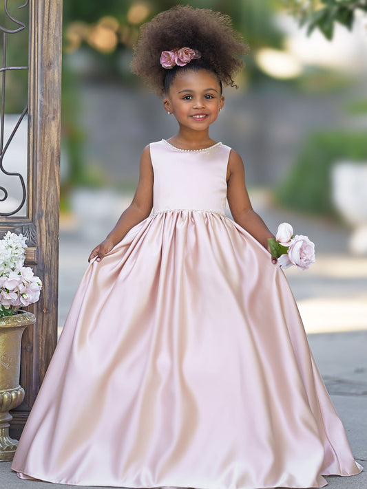 Sleeveless Satin Beaded Neckline and Bow Detail Dress