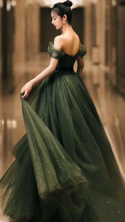 Einfaches langes Ballkleid aus grünem Tüll, Abendkleid aus grünem Tüll Y1554