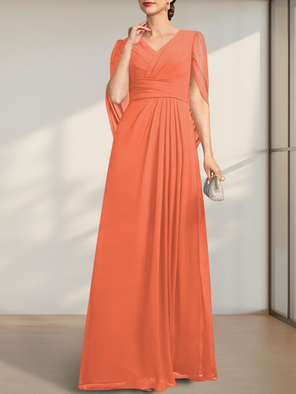 Vestido de gasa para madre de la novia con escote en V, largo hasta el suelo, con pliegues