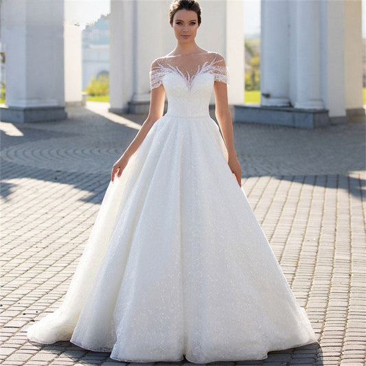 Charming Cap Sleeves Bridal Gowns 2024 Classic Lace A-Line Wedding Dress Backless O-Neck Vestidos De Novia Custome Made-payinti