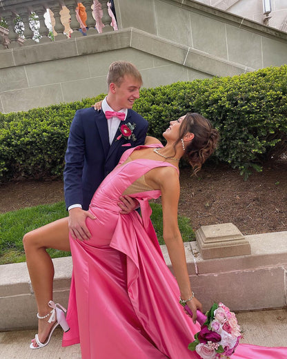 Esther | Süßes Meerjungfrau-Ballkleid mit V-Ausschnitt und großer Schleife im Rosa-Satin