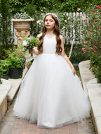Klassisches weißes ärmelloses A-Linien-Blumenmädchenkleid aus Satin und Tüll 