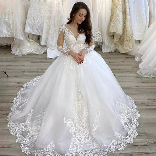 Plus Size Wedding Dresses V Neck Long Sleeves Court Train Tulle Lace Applique Wedding Dresses Lace Up Back Vestido De Noiva-payinti
