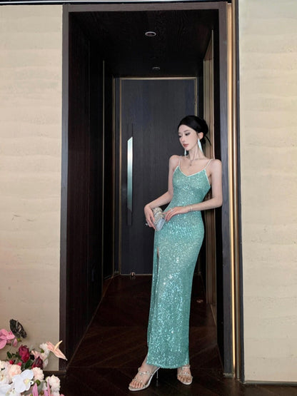 Green Sequin High-Slit Evening Dress – Elegant Party & Formal Gown