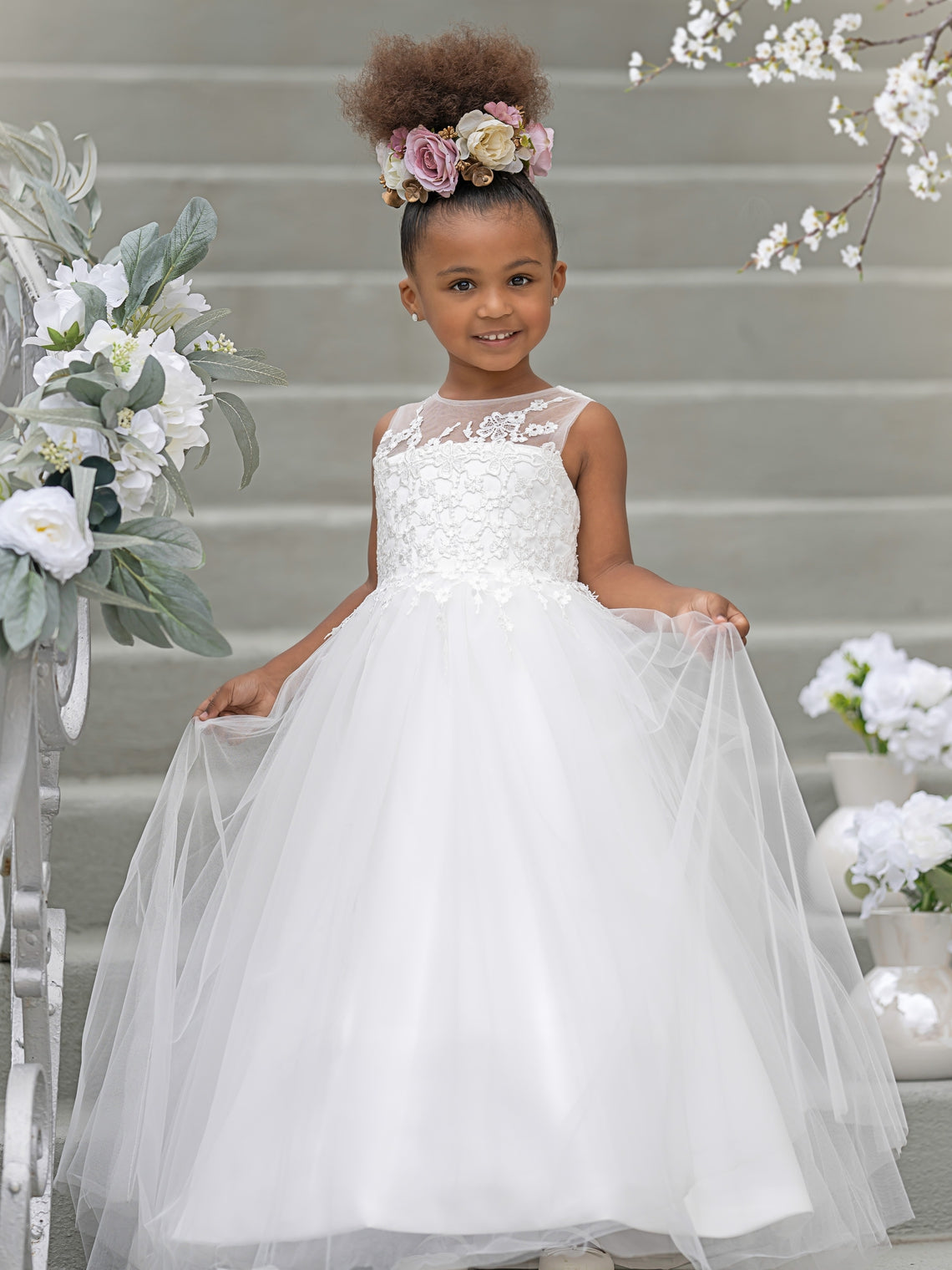 Duchesse-Linie/Princess-Linie Satin Tüll Bodenlang Blumenmädchenkleid 