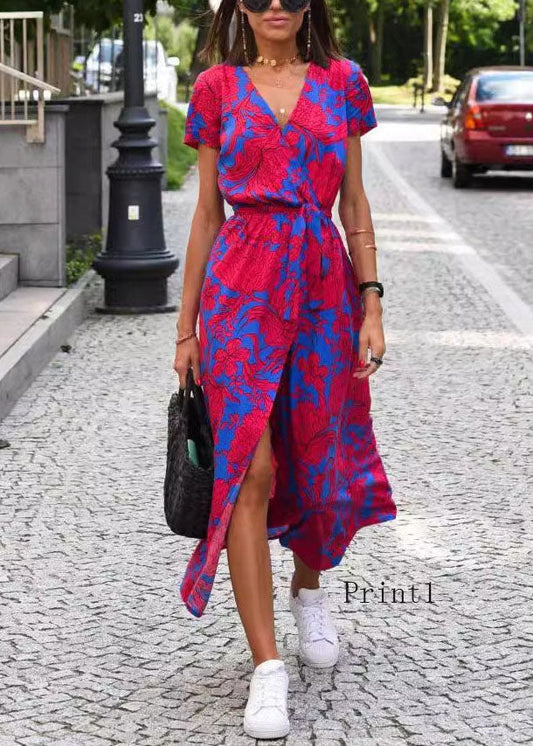 New V Neck Print Side Open Tie Waist Cotton Dress Summer