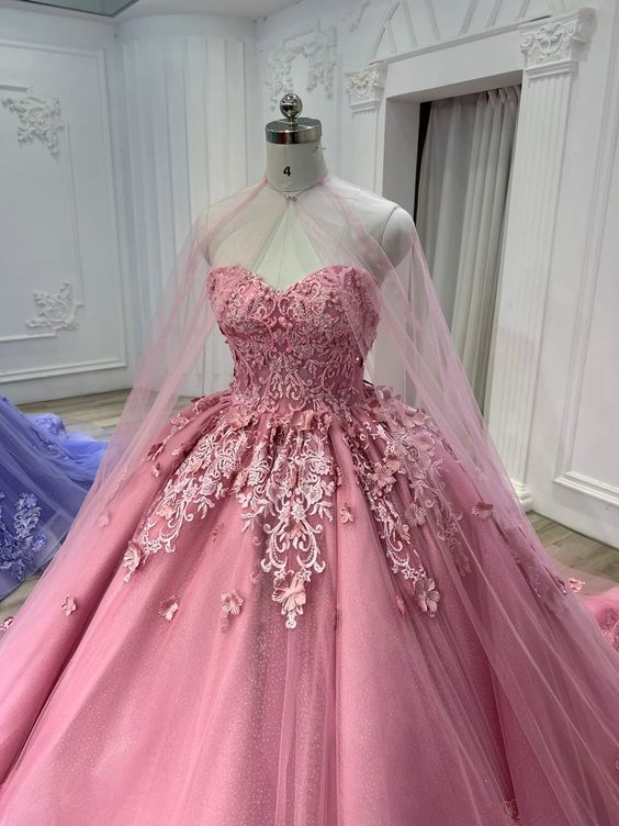 Herzförmiges rosa Tüll-Ballkleid mit Tüllumhang Sweet 16 Kleid Y709