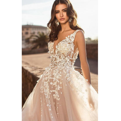Wedding Dresses Beach Wedding Women Sexy V Large Decal 3D Flower Tulle Sleeveless Bridal Gowns Vestido De Novia Robe Mariée-payinti