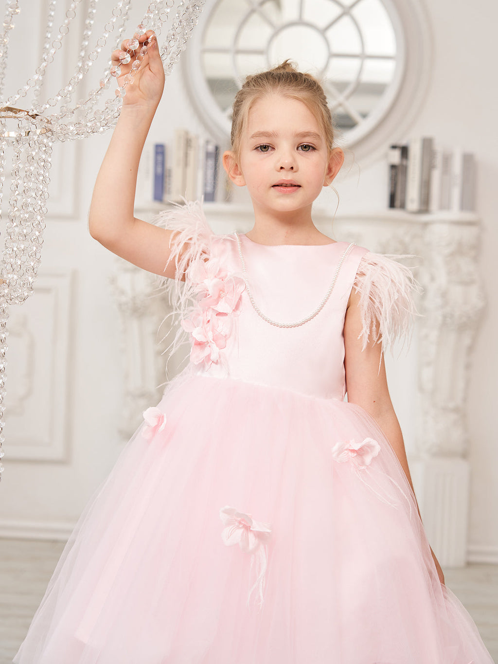 Prinzessin Ärmelloses Tüll Blumenmädchenkleid mit Perlen und Federschleife (010224704) 