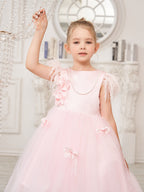 Prinzessin Ärmelloses Tüll Blumenmädchenkleid mit Perlen und Federschleife (010224704) 