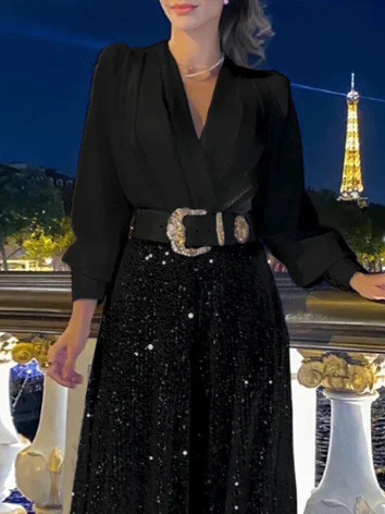 TARUXY Splice Sequins Maxi Dresses For Women Fashion Folds Loose V Neck Elegant Dress Femme Party Evening Dresses Luxury 2023