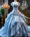Blaues Fee-Ballkleid mit 3D-Blumenmuster, gerüscht, süßes 16. Ballkleid, Quinceanera-Kleid, Y7607