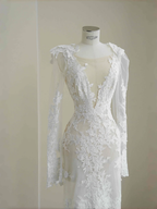 Elegant White Lace Appliques Mermaid Evening Dress,Backless Prom Dress Wedding Dress Y8677
