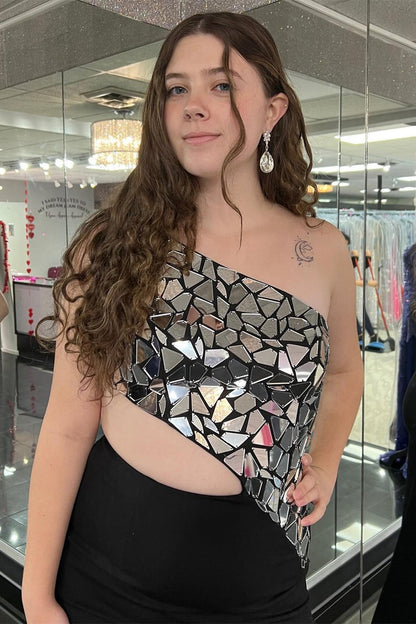 Ashley | Vestido de fiesta con un solo hombro, corte tubo y lentejuelas de espejo