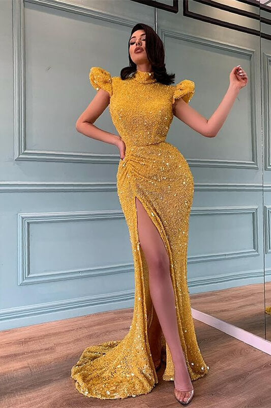 Vestido de fiesta largo de sirena con lentejuelas, cuello alto, cuentas y abertura