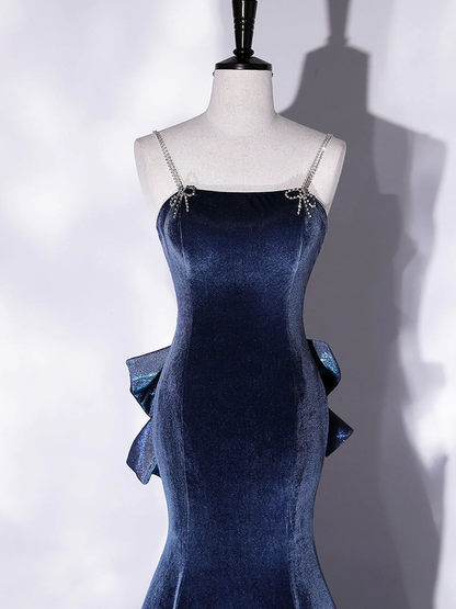Mermaid Velvet Blue Long Prom Dresses Blue Velvet Long Evening Dress Y4387