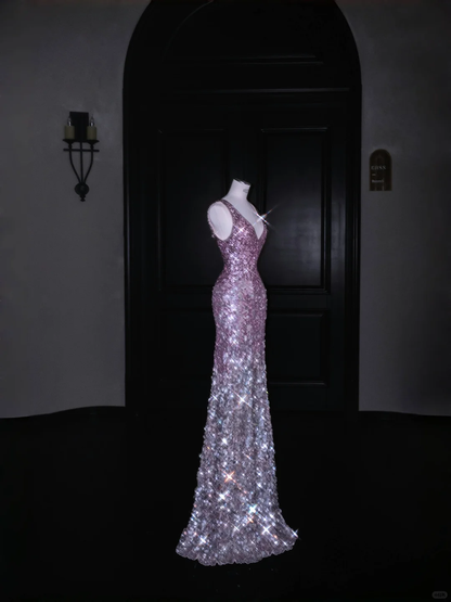 Hermoso vestido de noche largo con lentejuelas y escote en V en color rosa Y8688