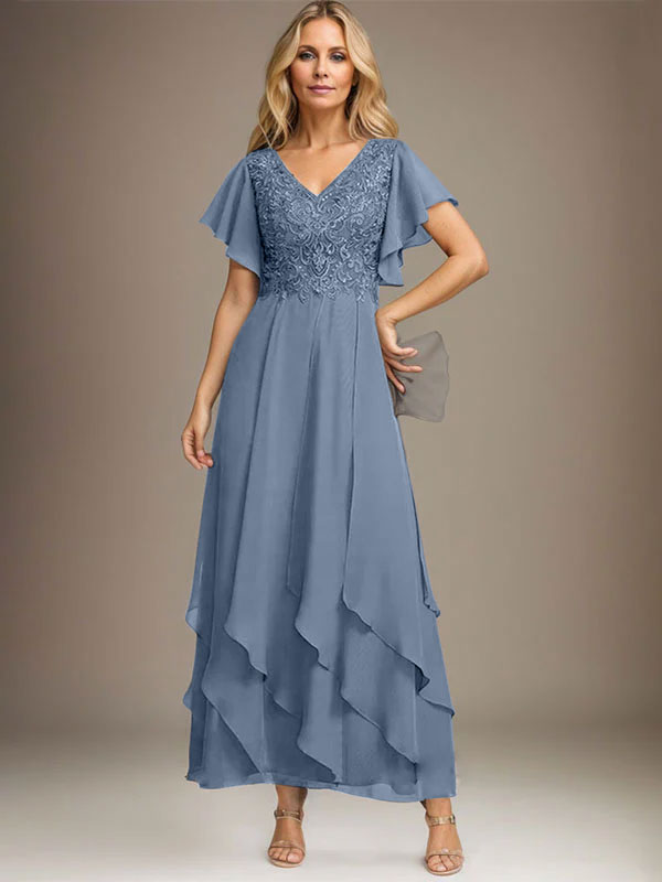 Vestido de gasa con encaje y escote en V hasta los tobillos para madre de la novia con volantes en cascada