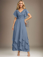 Vestido de gasa con encaje y escote en V hasta los tobillos para madre de la novia con volantes en cascada