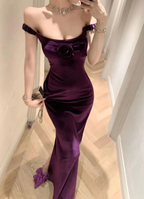 Elegante vestido de fiesta largo de terciopelo morado con hombros descubiertos y abertura Y8131