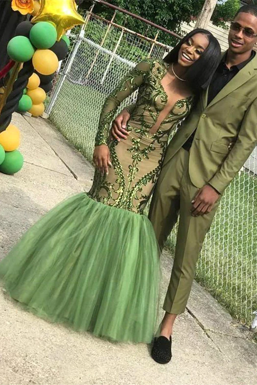 Grüne Pailletten Ballkleider, Sexy Meerjungfrau Lange Ärmel Abendkleider Y1456