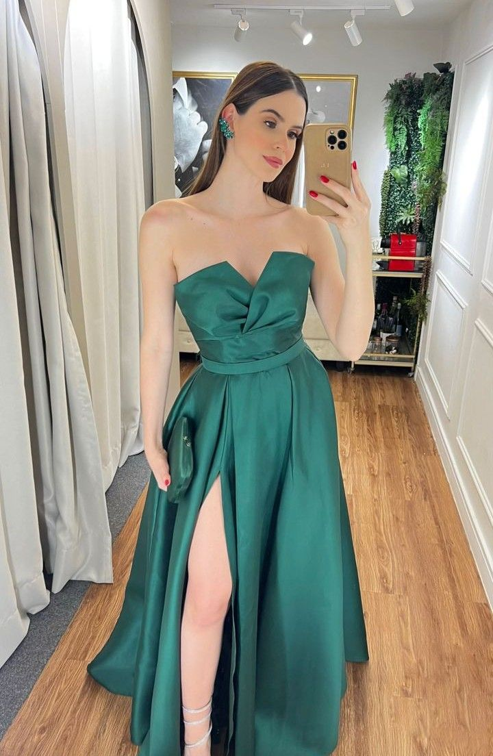 Elegante vestido de fiesta largo de satén con escote en V verde, vestidos de noche formales Y5360