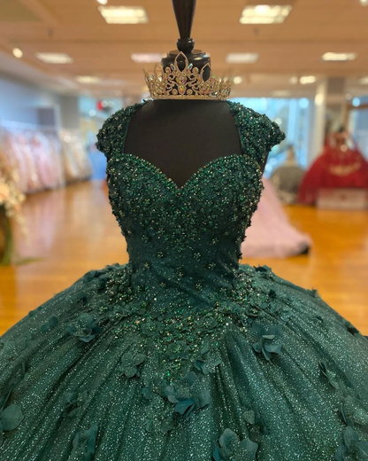 Green Princess Ball Gown Quinceanera Dresses Sweet 15 Party 3D Flowers Lace Applique Crystal Beads Sequin Birthday Gowns Y606