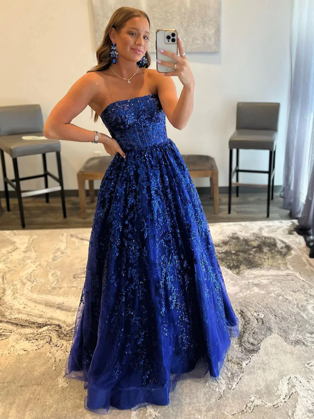 Blaues langes Ballkleid aus Tüll mit Pailletten in A-Linie, blaues Abendkleid aus Tüll Y3065