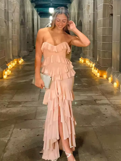 Vestido de noche con volantes de gasa rosa, encantador, con capas y corte sirena, para fiesta de graduación Y8006