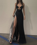 Elegante vestido de fiesta largo negro y plateado, vestido de noche encantador Y4538