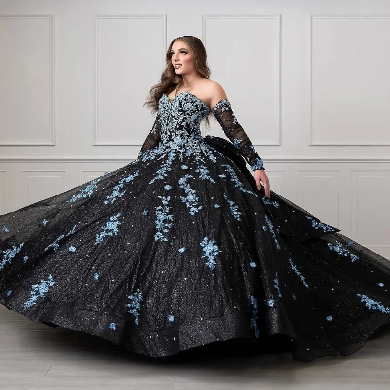 Vestido de quinceañera único en negro y azul claro, vestido de princesa, vestido de fiesta para dulces 16, Y4319