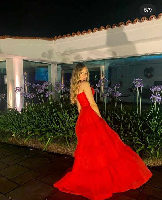 Vestido de noche elegante rojo de corte A con tirantes finos para mujer Y7165
