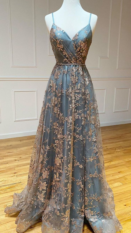 A-Linie V-Ausschnitt Tüll Pailletten Langes Ballkleid, Rückenfreies Langes Abendkleid Y5620