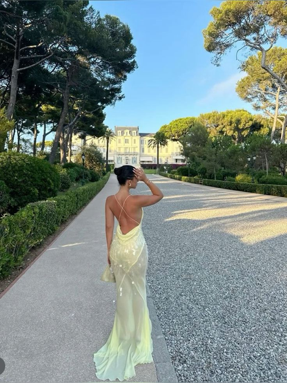 Mode V-Ausschnitt Meerjungfrau Abendkleid Gelb Chiffon Pailletten Ballkleid Y7892